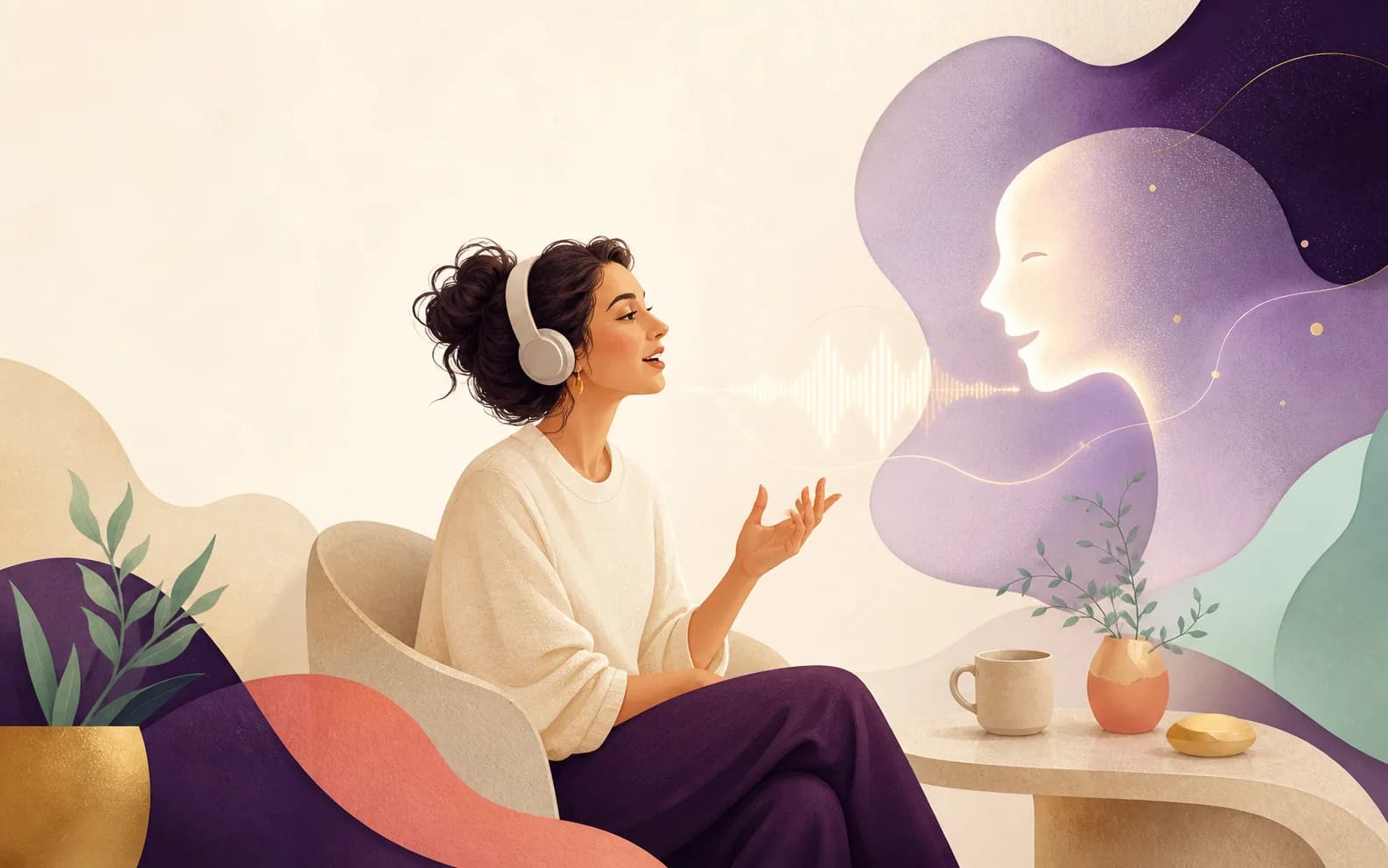 A learner having a relaxed voice conversation with an AI speaking coach